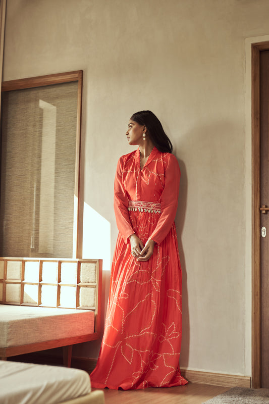 Red Bandhani Long Gown Set
