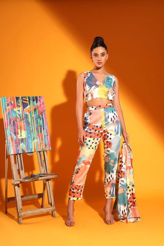 Abstract Print Jacket with Bustier and Pants