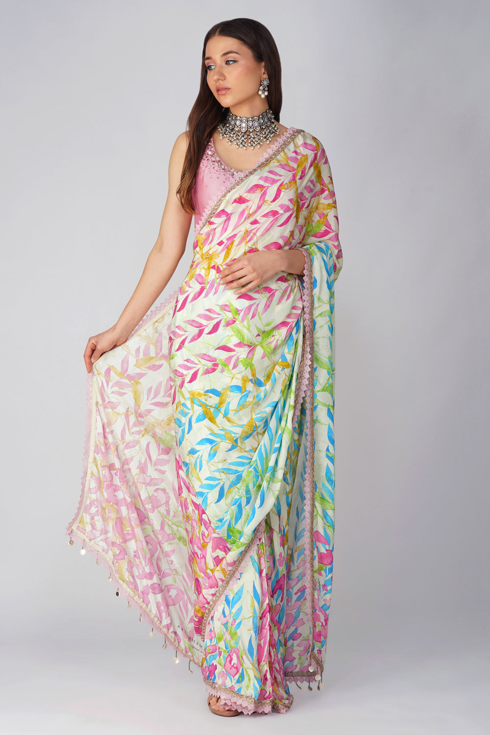 Leaf Print Pre-Stitched Saree Set