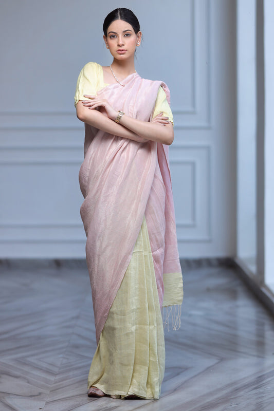 Pink Yellow Linen Saree
