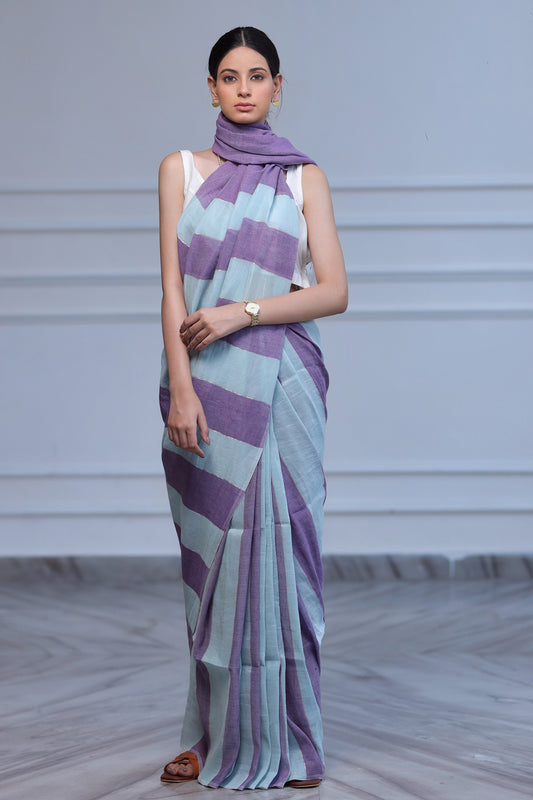 Purple Blue Striped Linen Saree