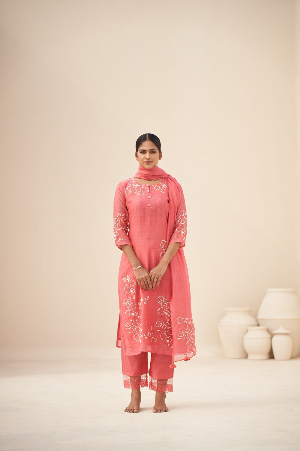 Pearl White & Pink Melody Thread Embroidered Organza Suit Set-Plus Size  Clothing(XS-10XL)