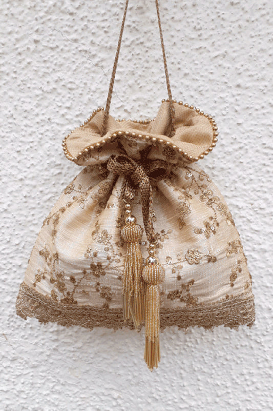 Alia Silk Embroidered Potli Bag Beige