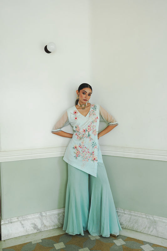 Embroidered Short Kurta With Flared Pants