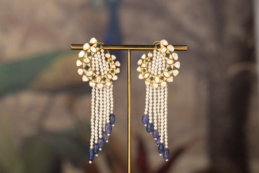 White &  Blue Kundan Tassel Earrings