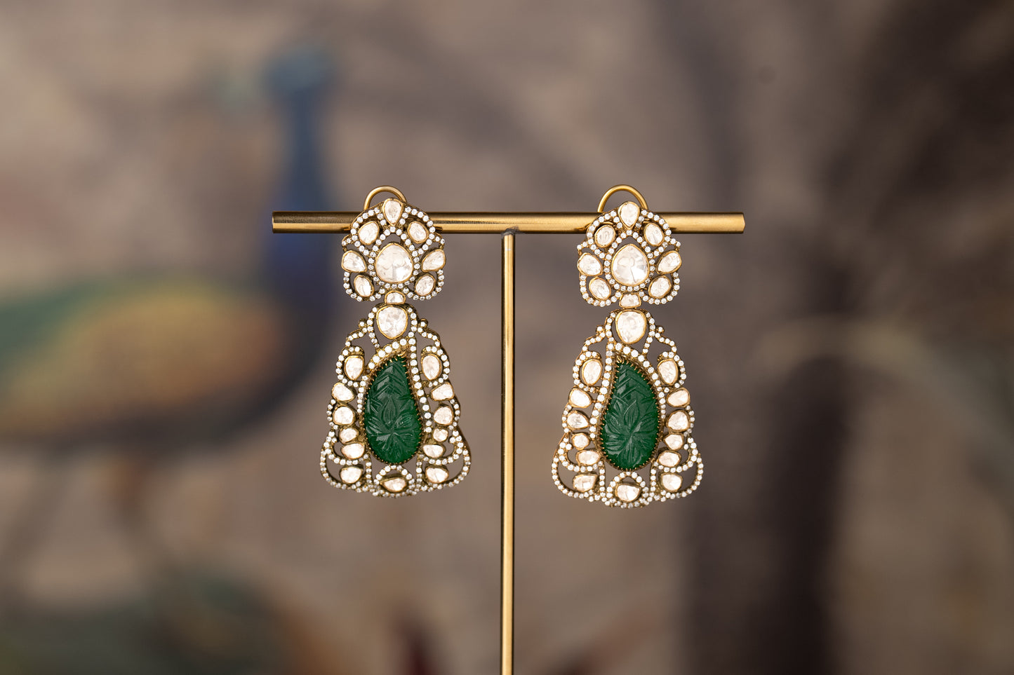 Green Kundan Polki Drop Earrings