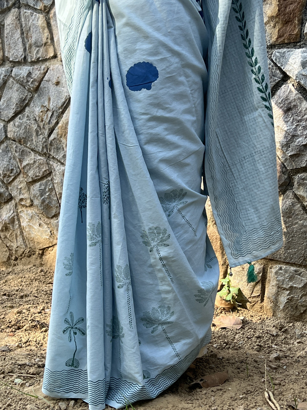 Blue Mulmul Cotton Blockprinted Saree