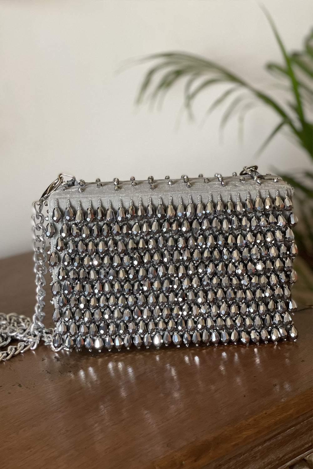 Silver Crystal Embroidery Clutch
