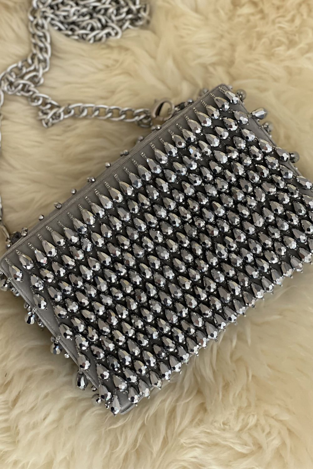 Silver Crystal Embroidery Clutch