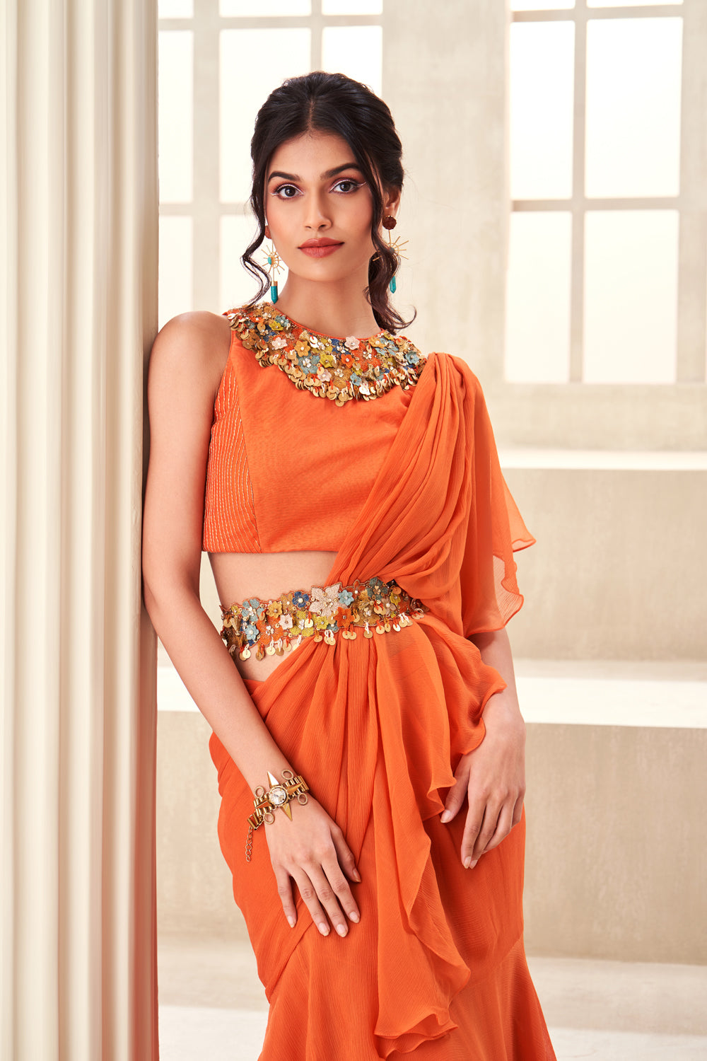 Pre-Draped Saree With Floral Applique Work Blouse