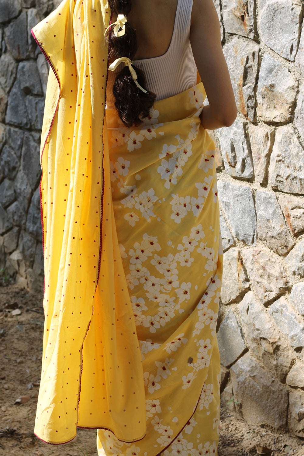 Yellow Mulmul Cotton Blockprinted Saree