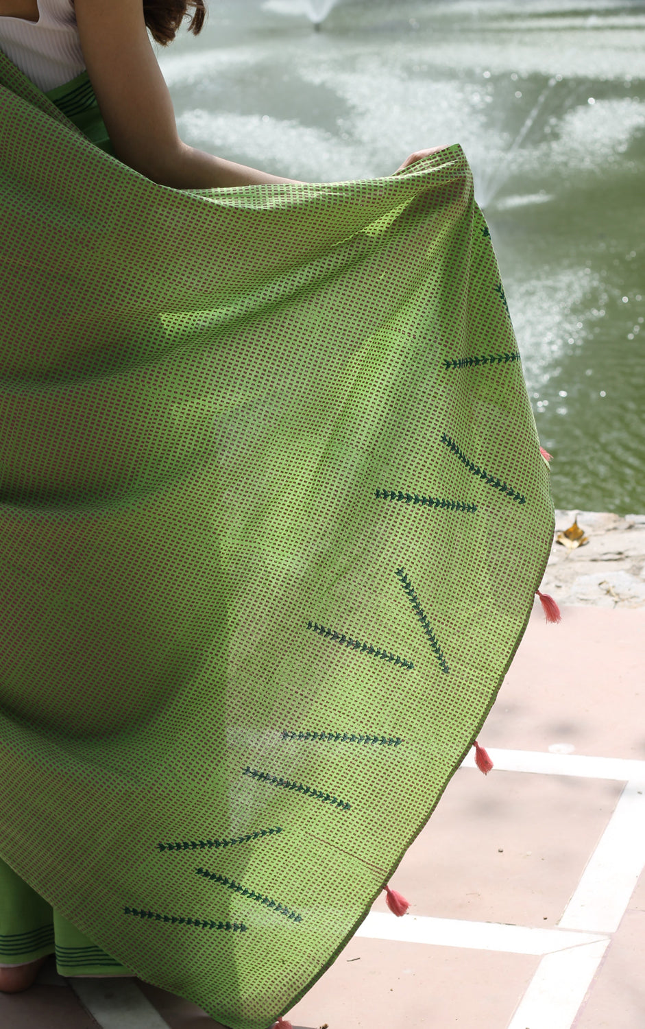 Green Mulmul Cotton Blockprinted Saree