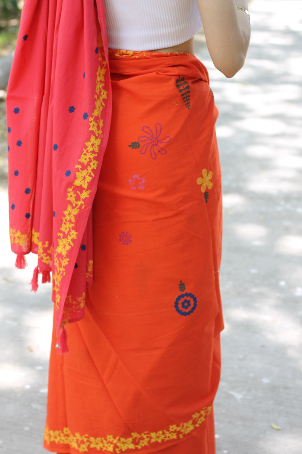 Orange Pink Mulmul Cotton Blockprinted Saree