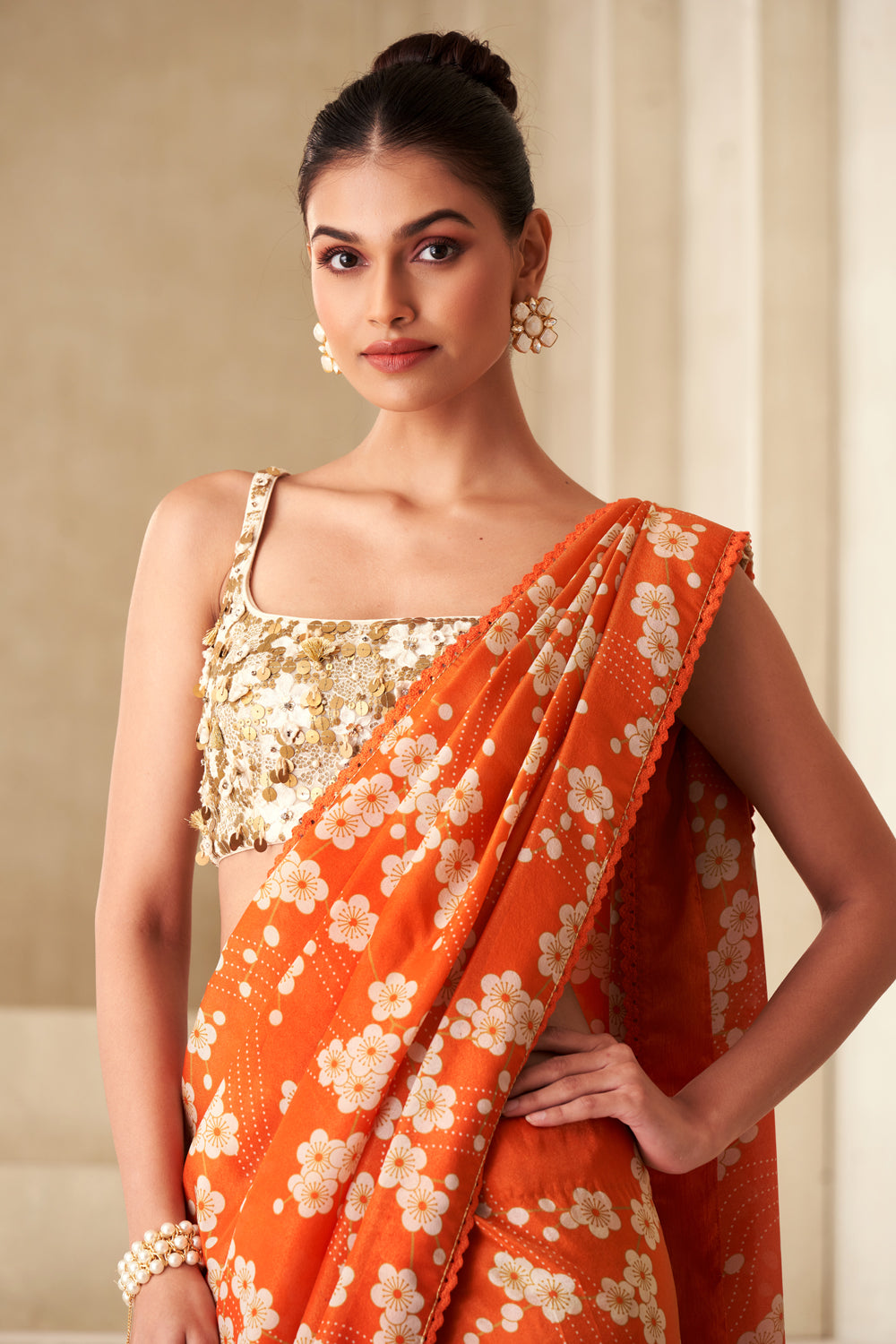 Floral Print Saree With Embroidered Blouse And Belt