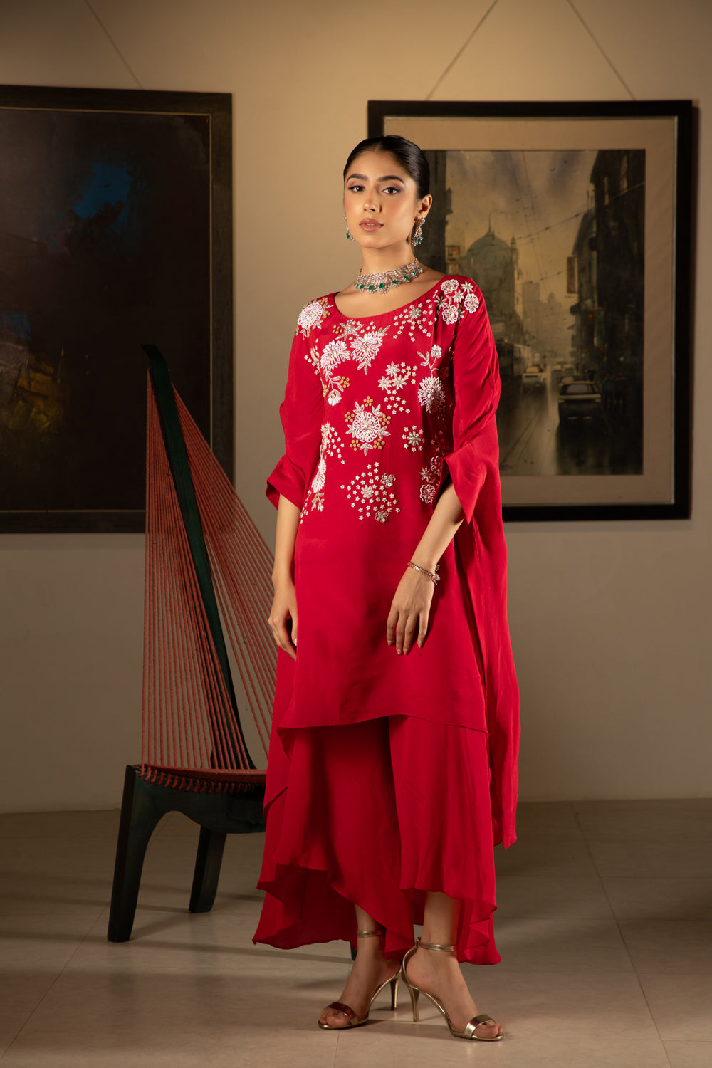 Red Georgette Pearl Hand Embroidered Kaftan Set