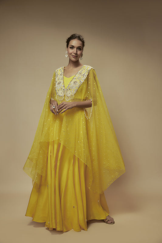 Yellow Organza Bead Embroidered Cape Set