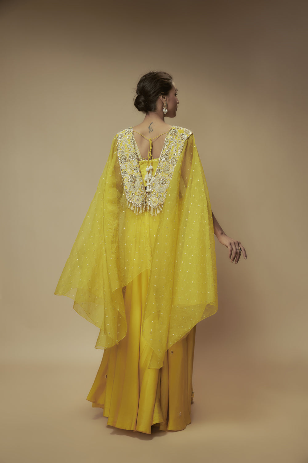 Yellow Organza Bead Embroidered Cape Set