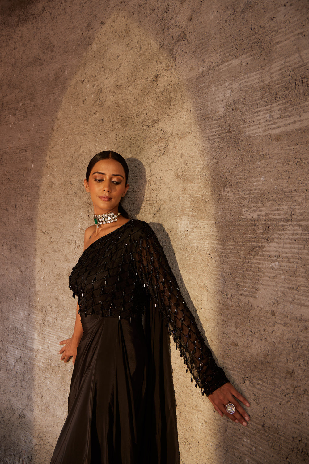 Black Organza Embroidery Cutdana Husna Utsav One Shoulder Gown For Women