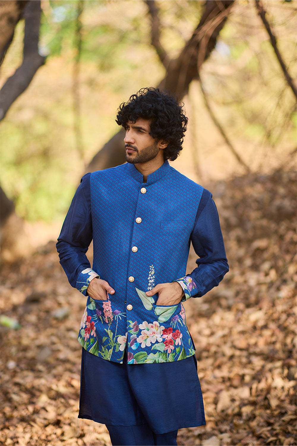 Blue Floral Printed Kurta Bundi Set