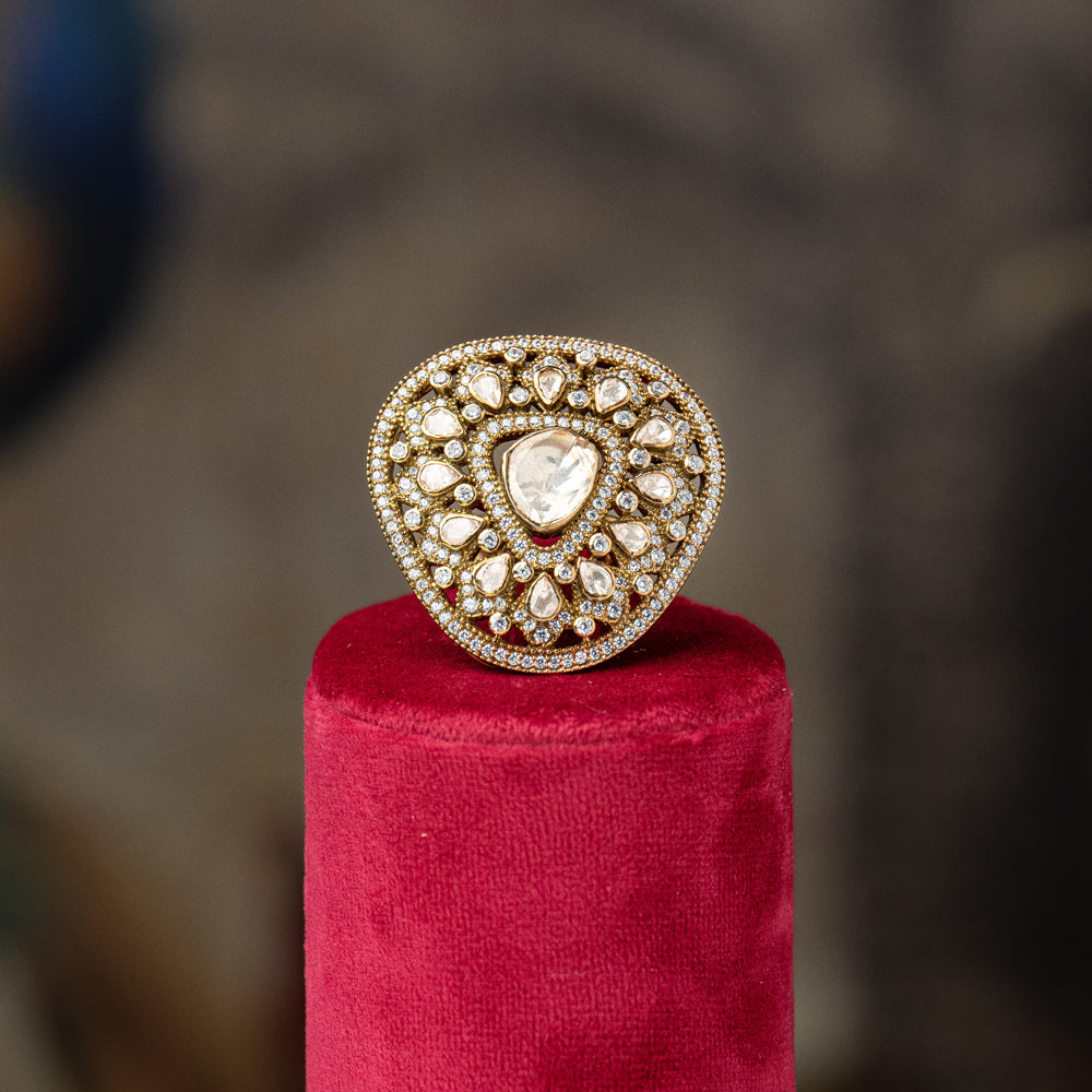 Gold Moissanite Polki & Zirconia Diamond Ring