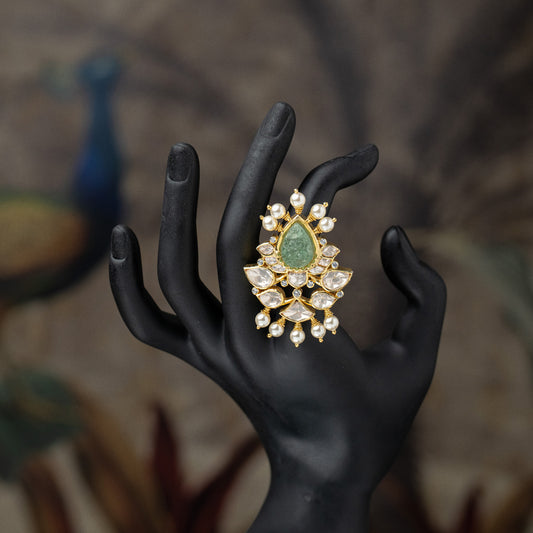 Green Semi Precious Stone & Pearl Ring