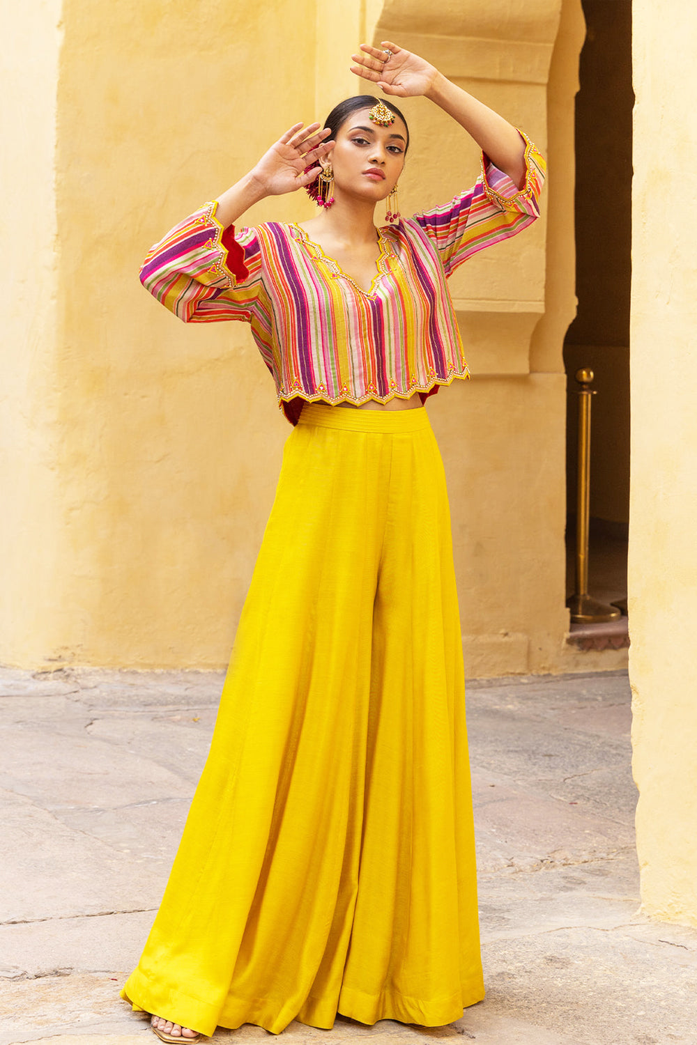Yellow Raw Silk Striped Print Crop Top And Palazzo Set – FUELTHESTORE