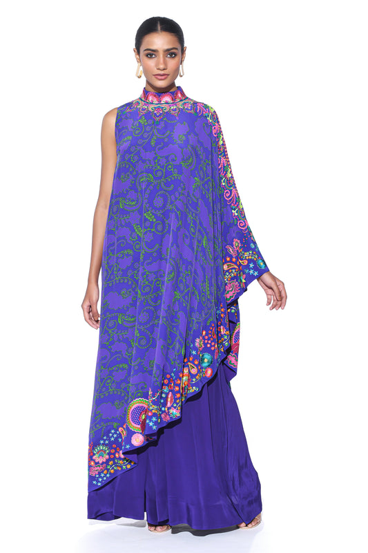 Royal Purple Embroidered One Shoulder Dress And Jumpsuit