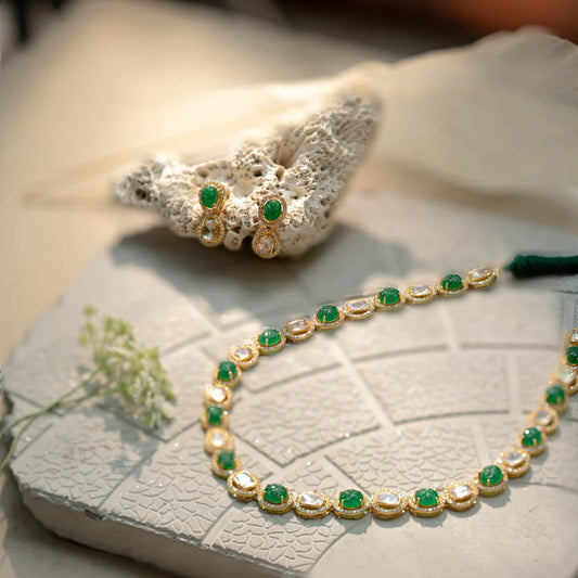 White & Green Zirconia Polki Necklace Set