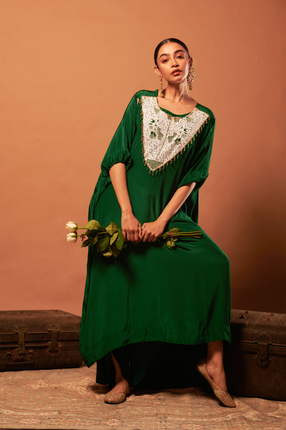 Embriodered Kaftan With Crop Top And Pants
