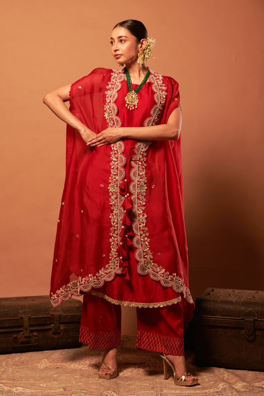 Embroidered Cape With Kurta & Pant Set
