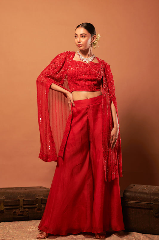 Embroidered Cape Crop Top With Flared Pant