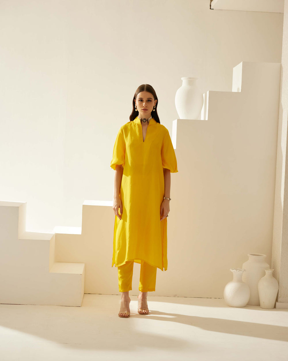 Yellow V-Neck Tunic Sets