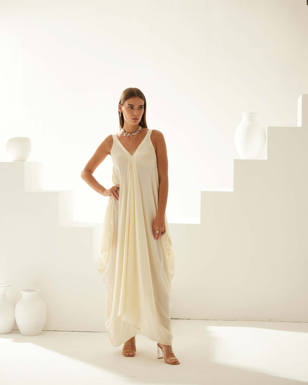 Cream Satin Maxi Dress