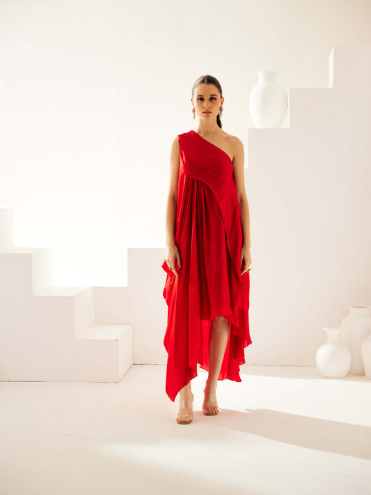 Red Aysmmetrical Maxi Dress