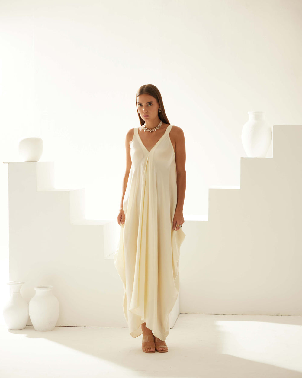 Cream Satin Maxi Dress