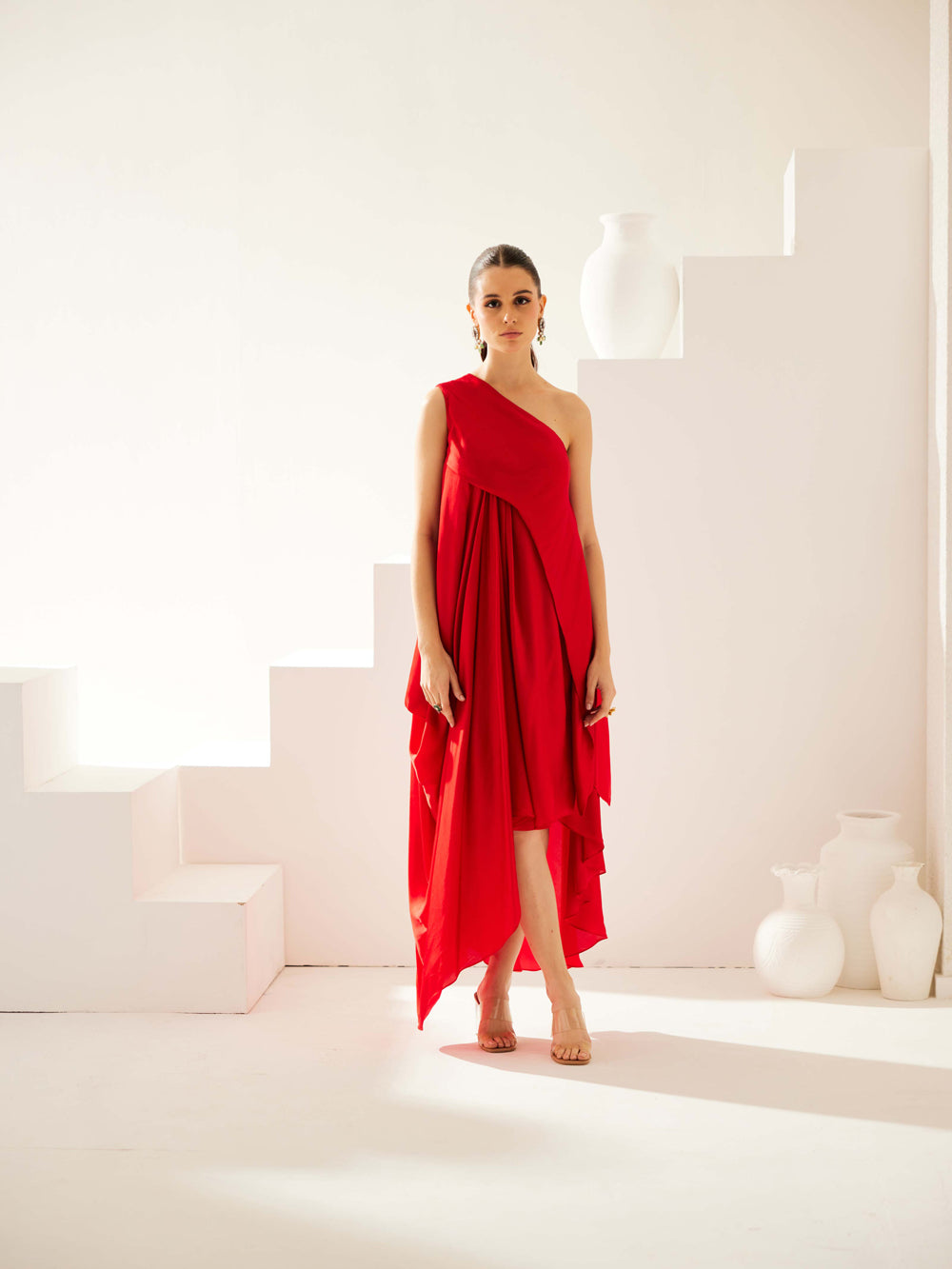 Red Aysmmetrical Maxi Dress