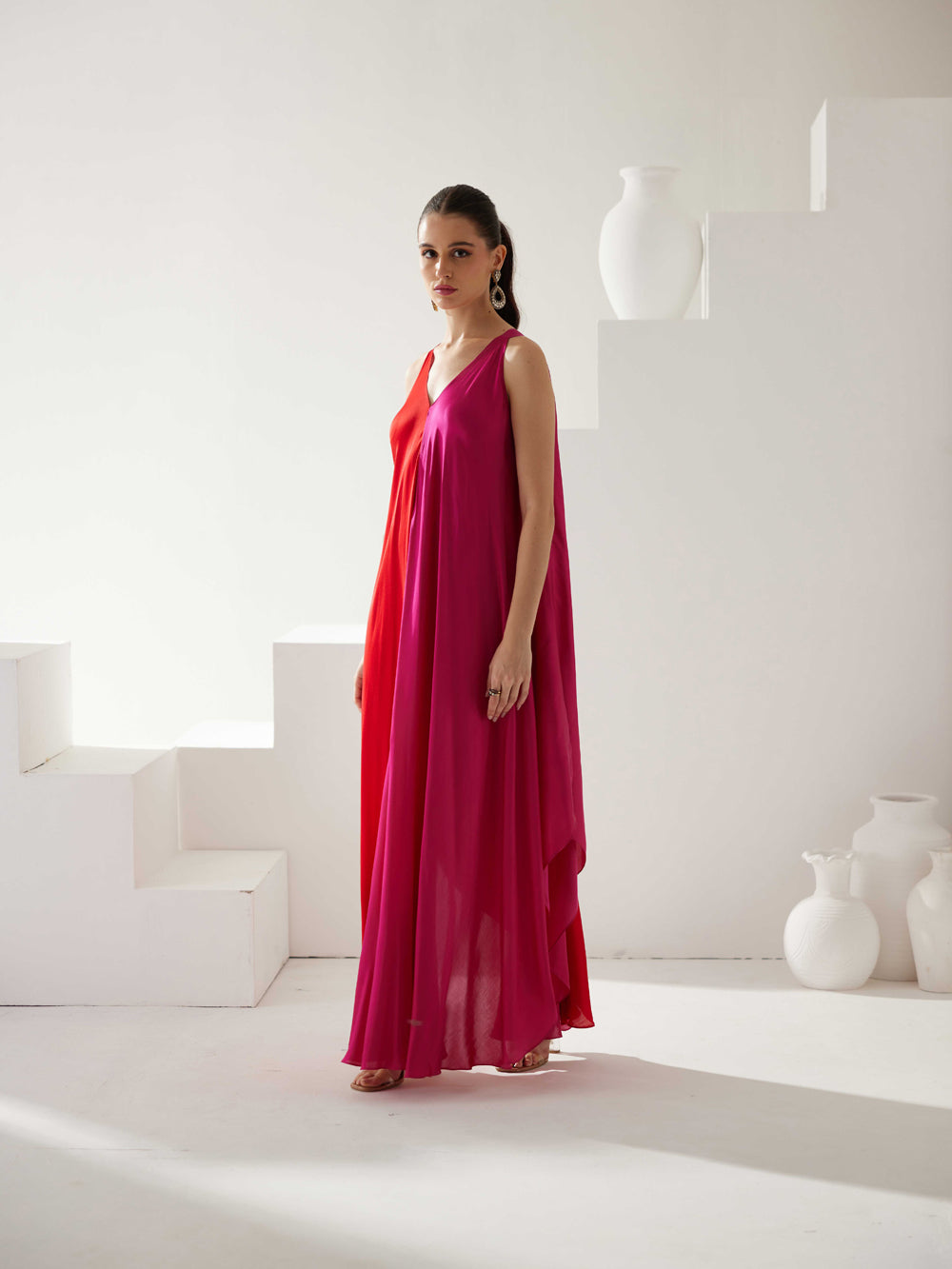 Red & Pink Colorblock Maxi Dress