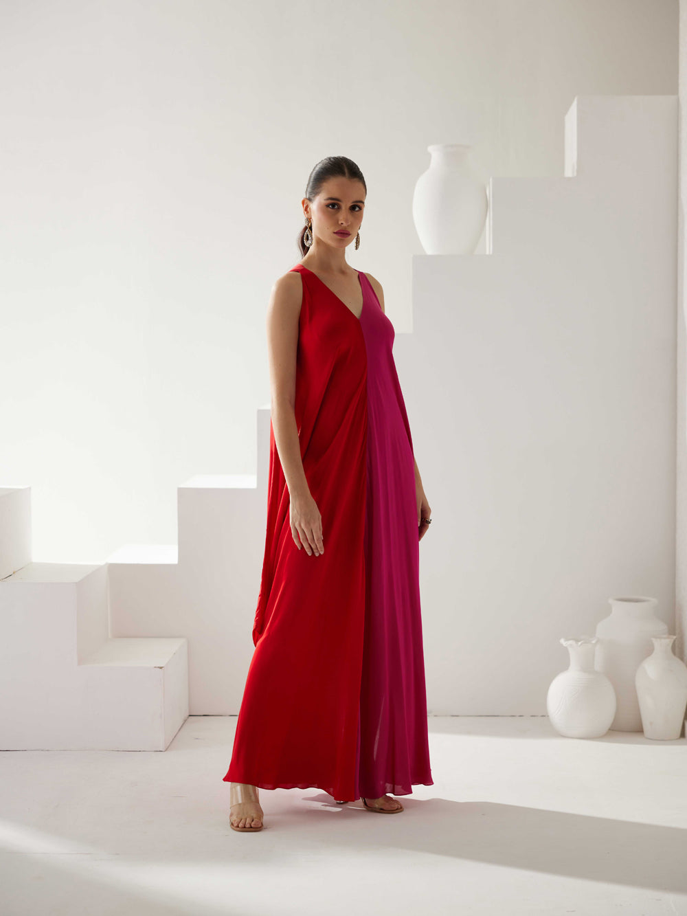 Red & Pink Colorblock Maxi Dress