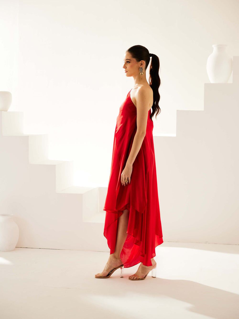 Red Aysmmetrical Maxi Dress