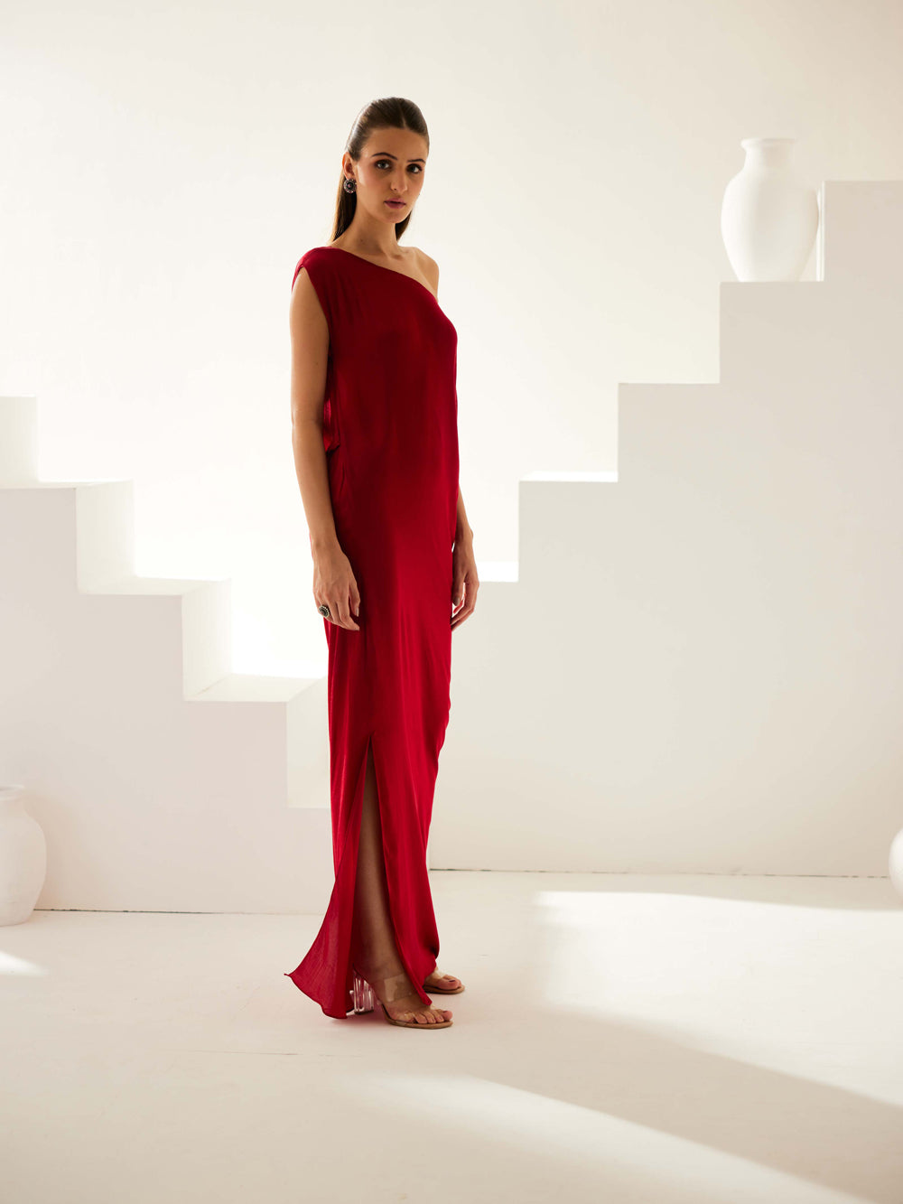 Maroon One Shoulder Maxi Dress