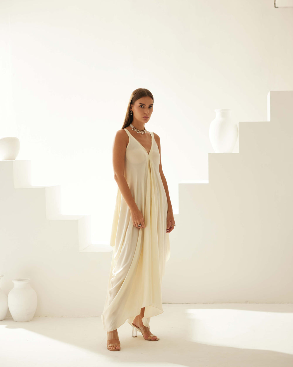 Cream Satin Maxi Dress