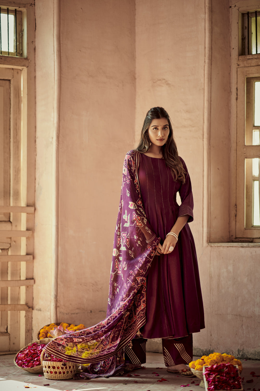 Wine Kali Kurta & Ikat Dupatta Set