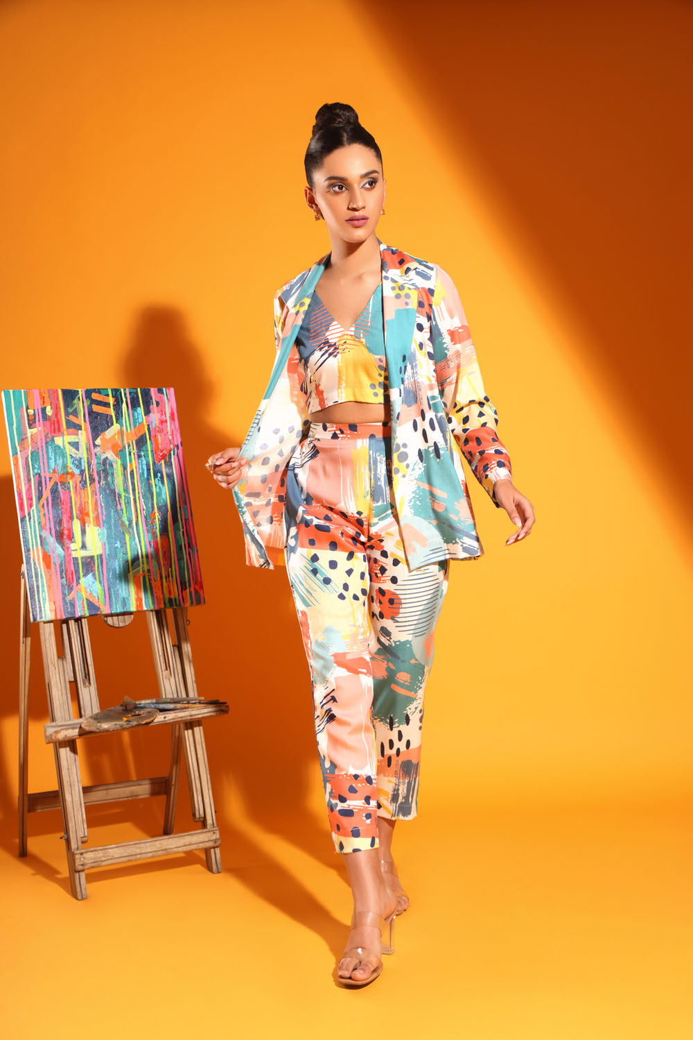 Abstract Print Jacket with Bustier and Pants