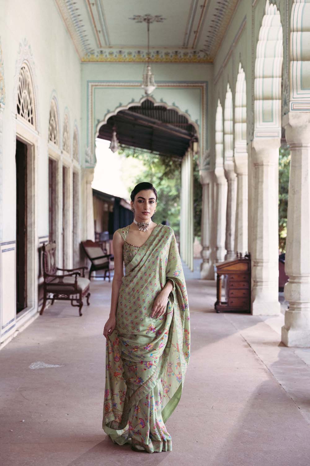 Green saree set with embroidered blouse
