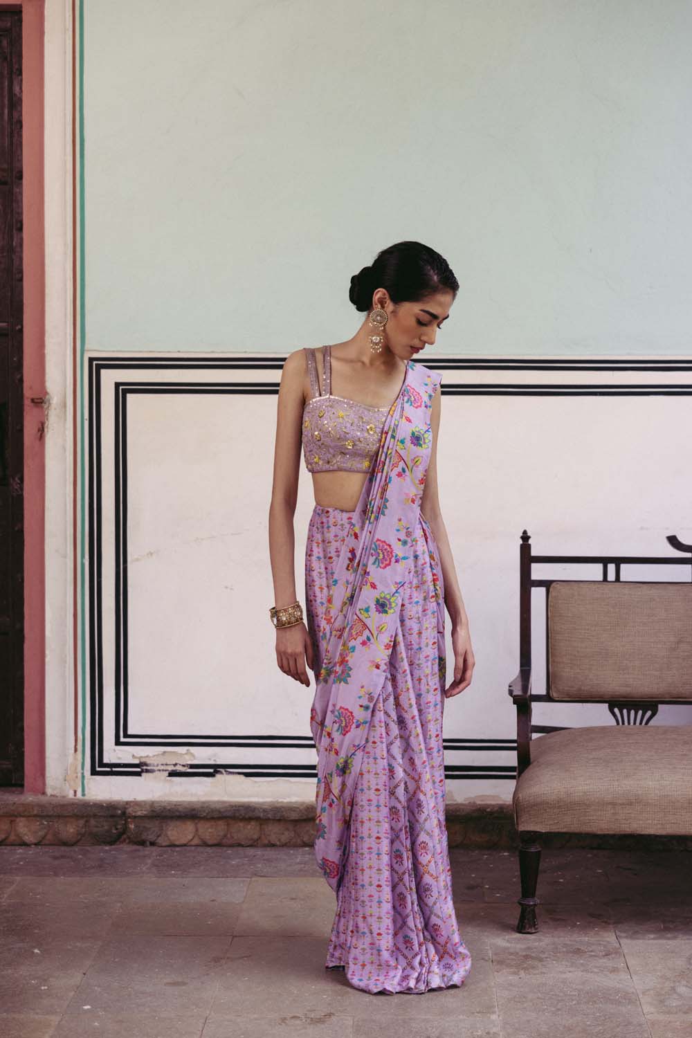 Lilac pre draped saree with a bustier blouse