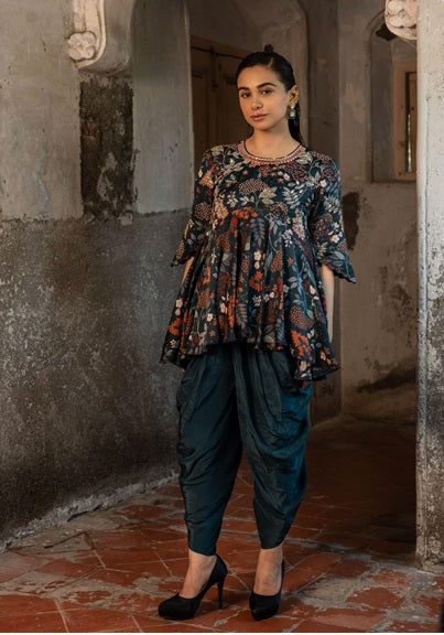 Printed Embroidered Peplum & Dhoti Pant Set