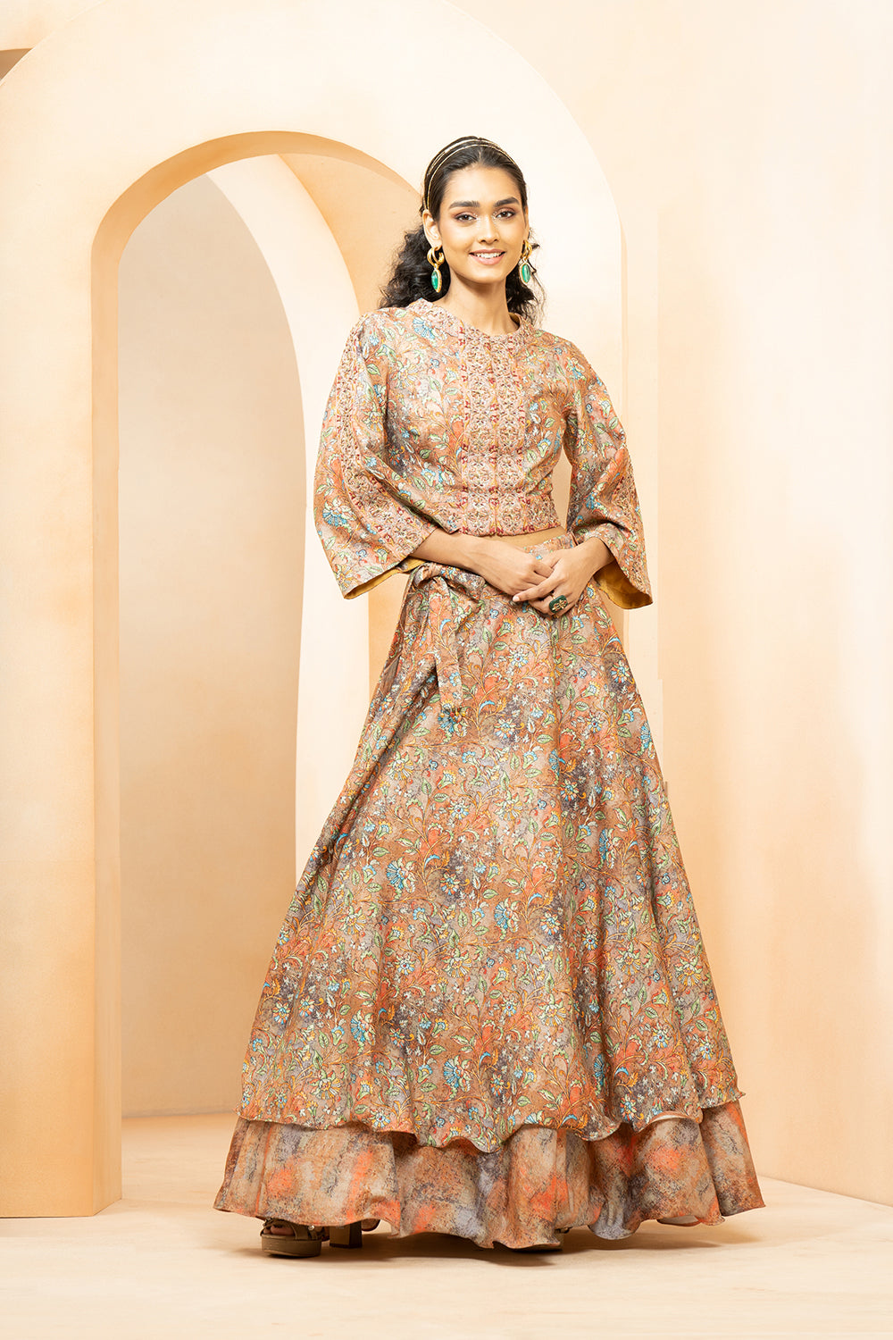 Chinon Fabric Embroidered Rani Color Readymade Indo Western Lehenga Wi