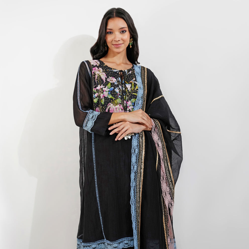 Summer Floral Panelled Kurta Set-Black