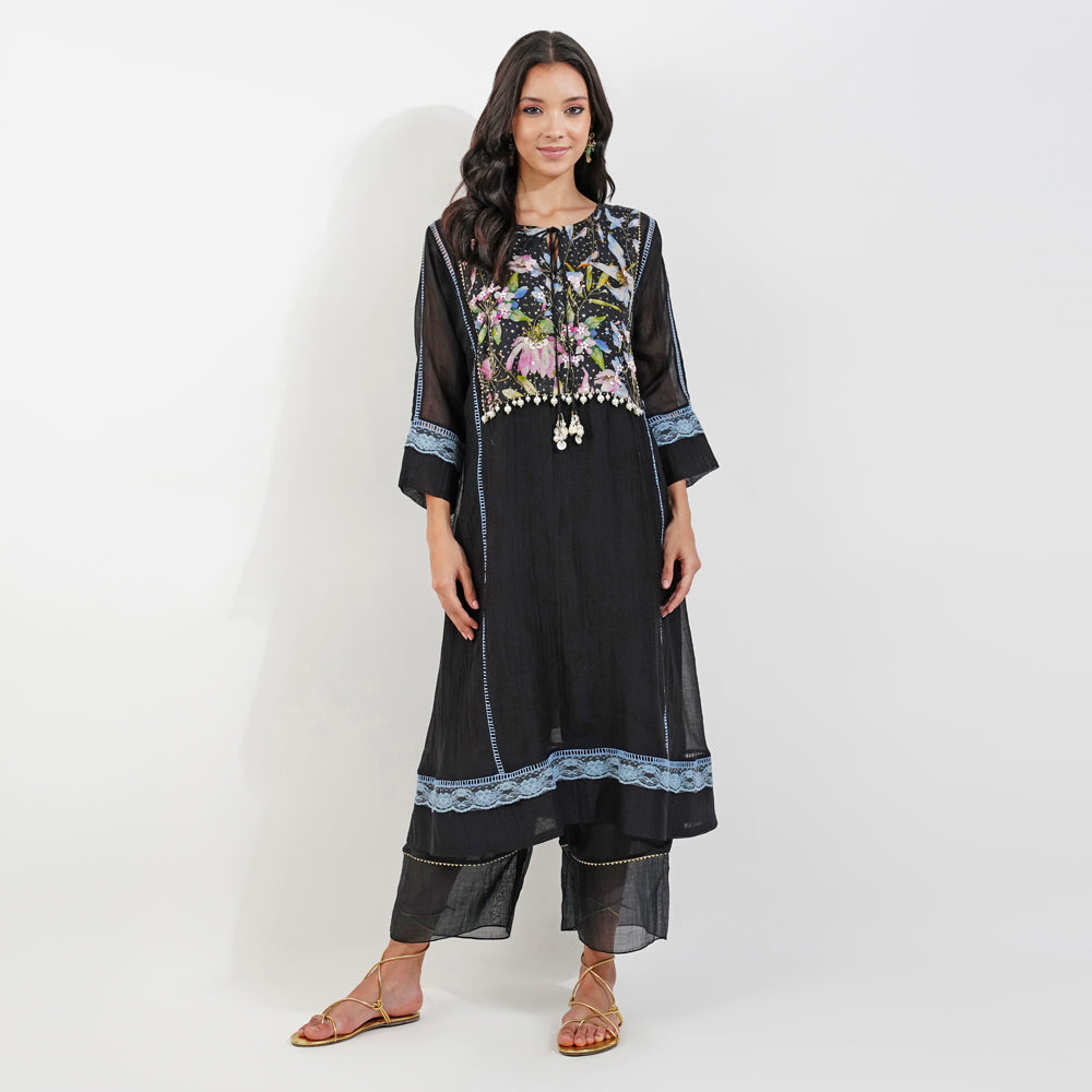 Summer Floral Panelled Kurta Set-Black