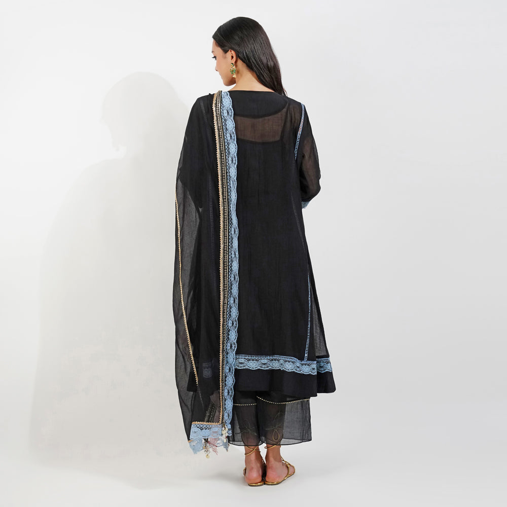 Summer Floral Panelled Kurta Set-Black